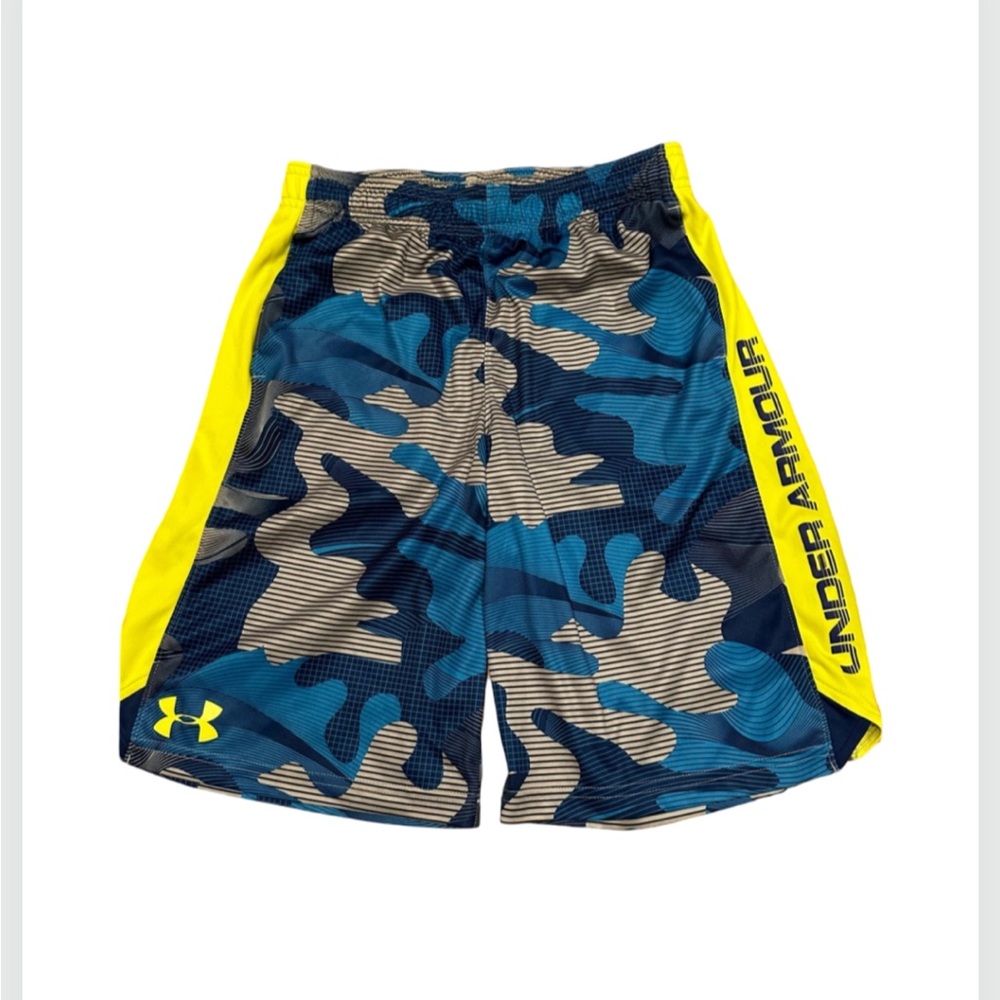 Under Armour Boys Camo Athletic Shorts Blue Yellow Size L